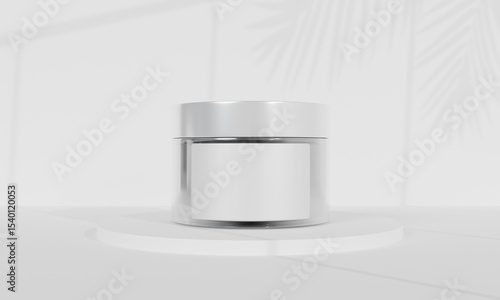 white minimal cosmetic cream jar mockup with leaf shadow on white background