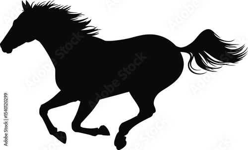 Silhouette of a running horse with flowing mane and tail on white background