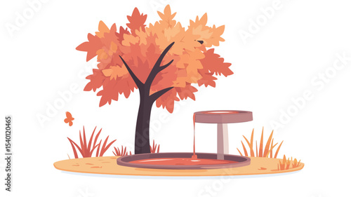 A digital illustration depicting a stylized maple tree with orange and red autumn leaves. The tree is situated next to a small, round water feature, possibly a birdbath or small pond, on a patch of