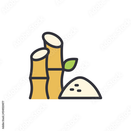 Depiction Of Sugar Cane Stalks Accompanied By A Small Pile Of Sugar