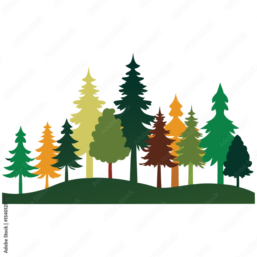 Fototapeta premium Colorful Pine Tree Forest Landscape: Nature Park or Wilderness Illustration