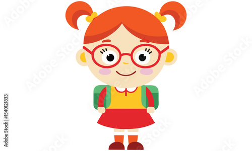 Cute cartoon schoolgirl with backpack isolated on white background