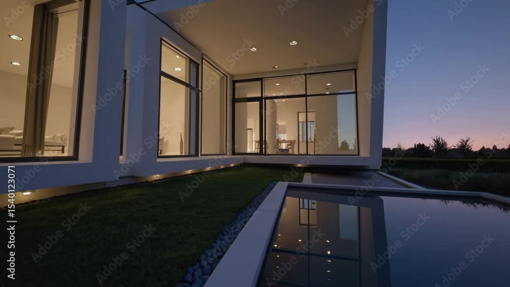 Modern Residence at Twilight: A contemporary architectural marvel bathed in the serene twilight glow, showcasing sleek lines, expansive glass, and a tranquil pool reflecting the surrounding landscape. Modern Residence at Twilight: A contemporary architectural marvel bathed in the serene twilight glow, showcasing sleek lines, expansive glass, and a tranquil pool reflecting the surrounding landscape.