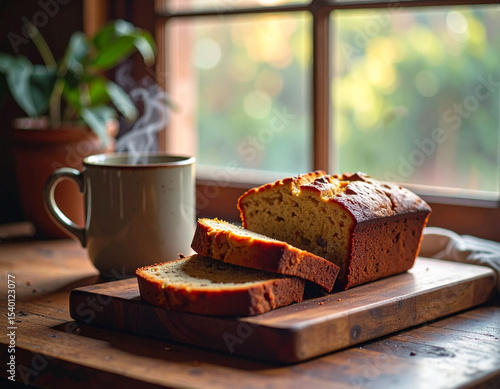 sliced banana bread on a wooden cutting board with steaming coffee in the background