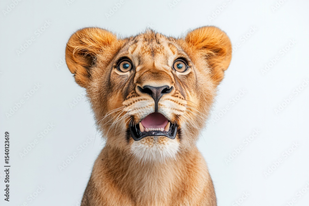Fototapeta premium A Young Lion Cub with Large Ears and Expressive Eyes, Captured in Close-Up Against a Soft White Background, Conveying Curiosity and Playfulness