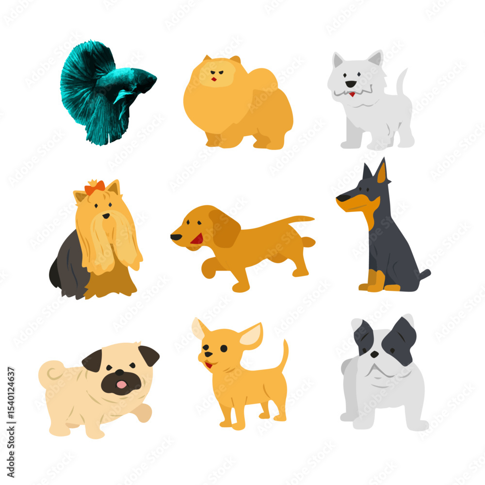 custom made wallpaper toronto digitalVector art of a vibrant collection of dogs and a betta fish, isolated on transparent background