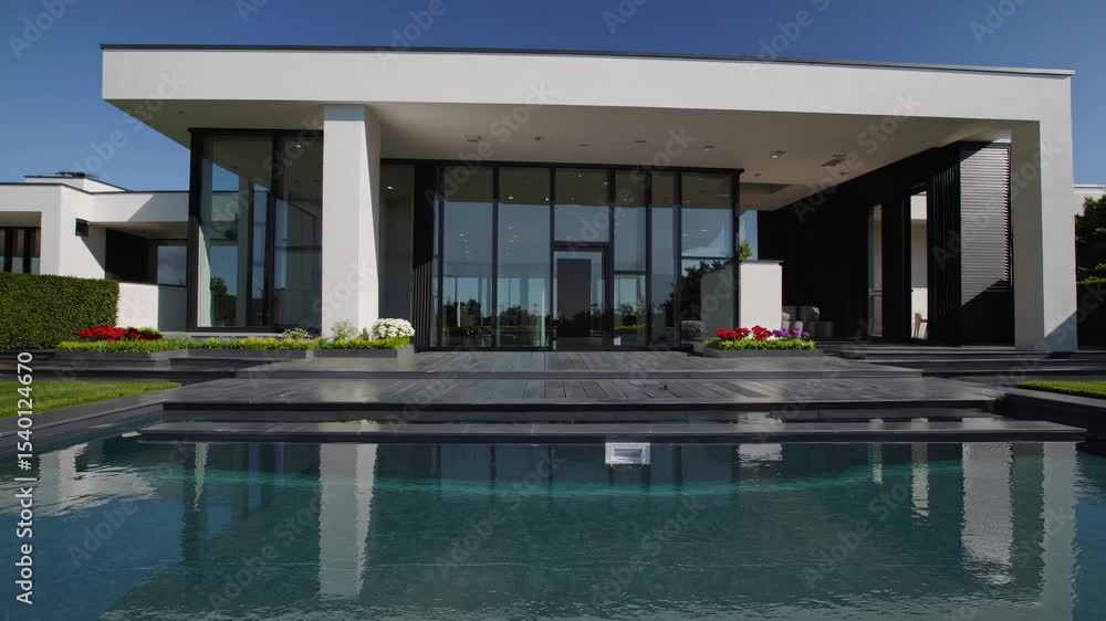 Modern Villa with Infinity Pool: A sleek, modern villa boasts expansive glass windows, clean lines, and a stunning infinity pool that seamlessly blends with the surrounding landscape. Modern Villa with Infinity Pool: A sleek, modern villa boasts expansive glass windows, clean lines, and a stunning infinity pool that seamlessly blends with the surrounding landscape.