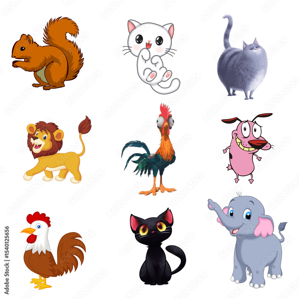 Naklejka premium Vector art of a playful collection of cartoon animals, isolated on transparent background