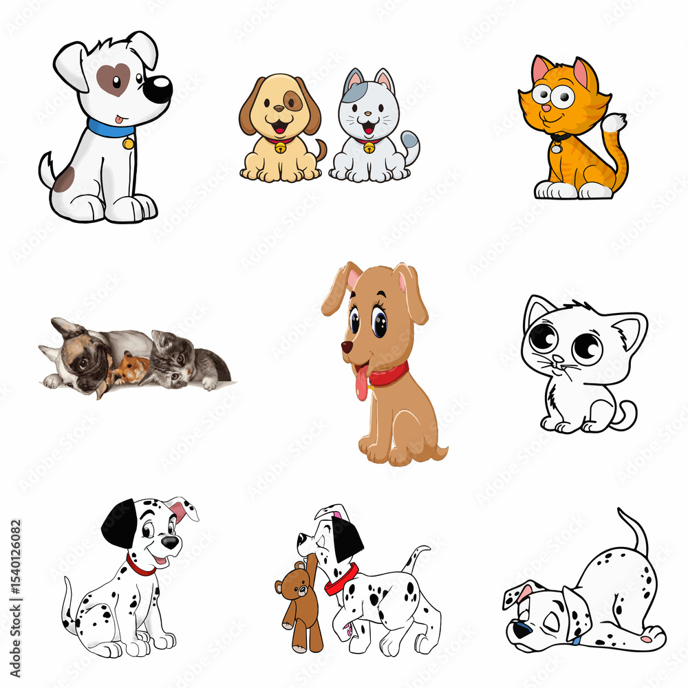 Fototapeta premium Vector art of adorable puppies and kittens, playfully interacting, isolated on white background