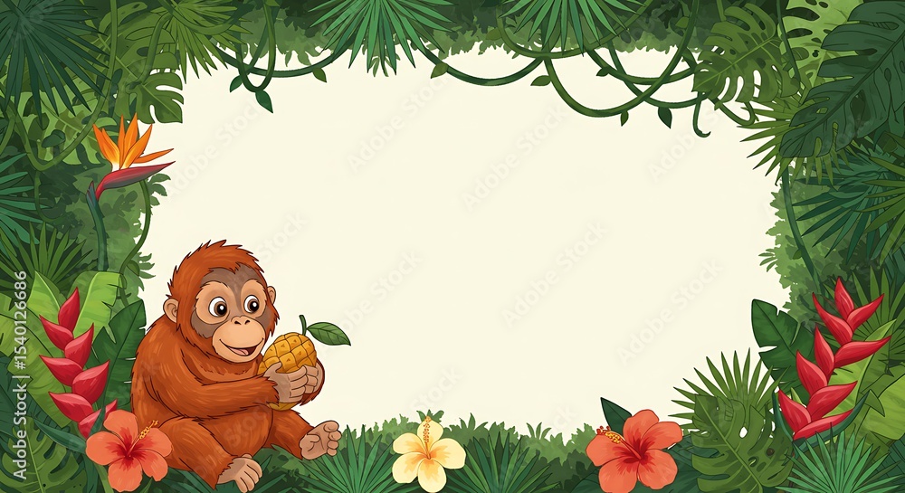 Naklejka premium A cartoon orangutan sits in a jungle frame, holding a yellow fruit, surrounded by tropical plants and flowers.