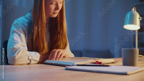 Young Woman Quietly Reading the Bible Under Soft Evening Light, Hands Folded in Prayer. Calm Moment of Faith, Spiritual Reflection, Seeking Revelation, Deep Peace and Inner Connection to God.