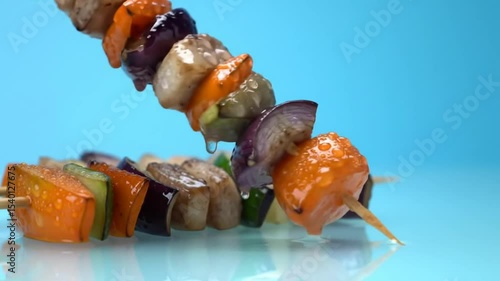 Vegetable Skewers on a Light Blue Background Displaying Freshness