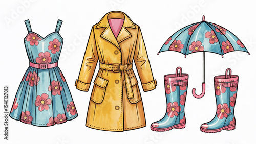 A colorful illustration portraying fashionable spring apparel including a dress raincoat umbrella and rain boots on a white background.
