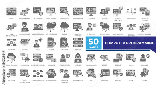 Computer programming solid icon set collection. This set includes algorithm, cyber security, server, database, coding, hacker and more icons in solid style. Vector icons collection for infographics