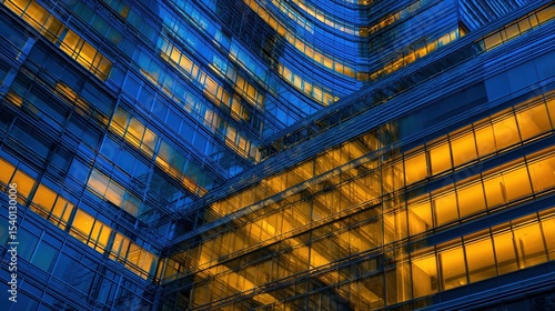 Wallpaper Mural Modern office building's facade with illuminated windows against a blue sky Torontodigital.ca