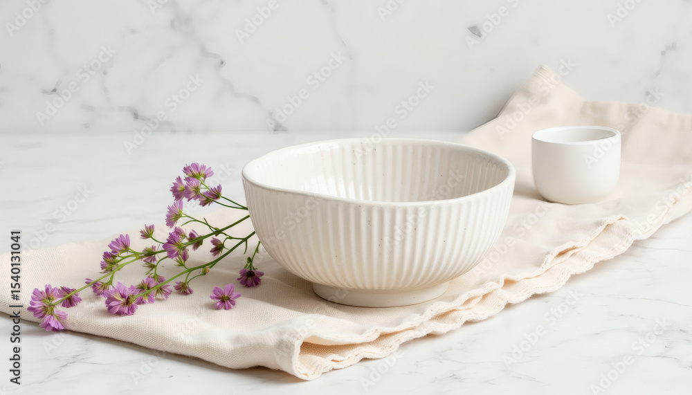 Elegant white ceramic bowl with flowers on beige fabric background Elegant white ceramic bowl with flowers on beige fabric background