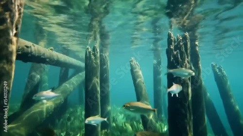 Underwater World Serenity Scene Of Old Pier Posts With Fishes Swimming