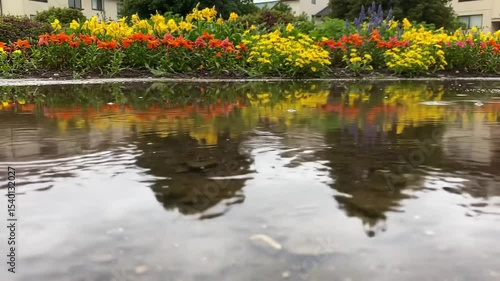 Blooming Reflections Colorful Flowers Mirroring In Puddle After Rainfall