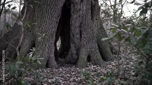 Mysterious Hollow Tree Stands Tall In Autumn Forest