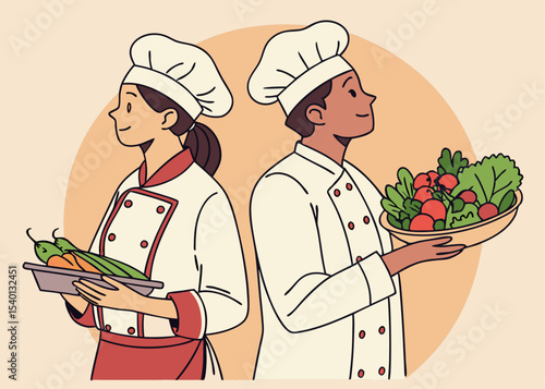 Professional chefs in white caps hold fresh vegetables and aromatic ready-made dishes