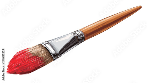 Close-up studio shot of a paintbrush with a wooden handle, metal ferrule, and bristles.  The brush is tipped with red paint. The background is plain and unblemished, showing only the paintbrush in