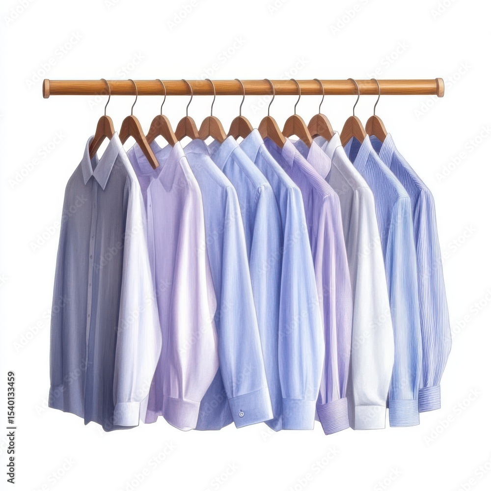 Pastel Blue and Purple Shirts on Wooden Hanger Rack Pastel Blue and Purple Shirts on Wooden Hanger Rack