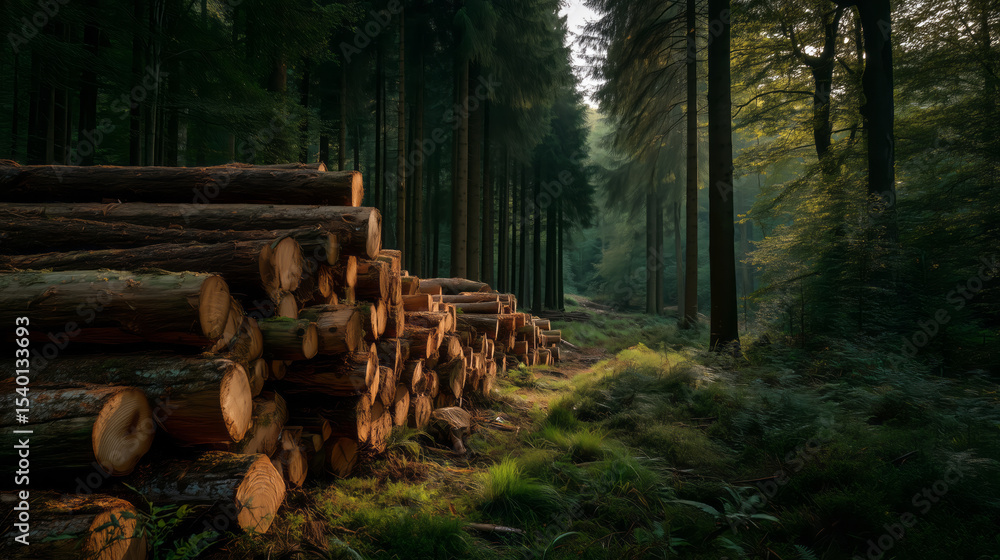 Neatly stacked timber logs in a serene forest clearing at dawn Neatly stacked timber logs in a serene forest clearing at dawn