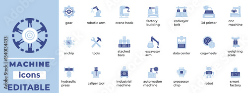 High-quality machine vector icons for industrial, mechanical, and tech visuals. Editable, clean, and scalable designs.