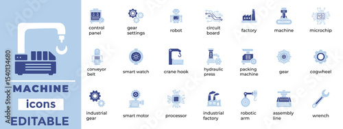 High-quality machine vector icons for industrial, mechanical, and tech visuals. Editable, clean, and scalable designs.