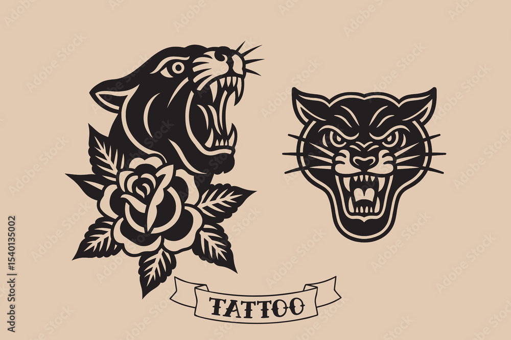 Panther heads with rose tattoo bold black vector illustration