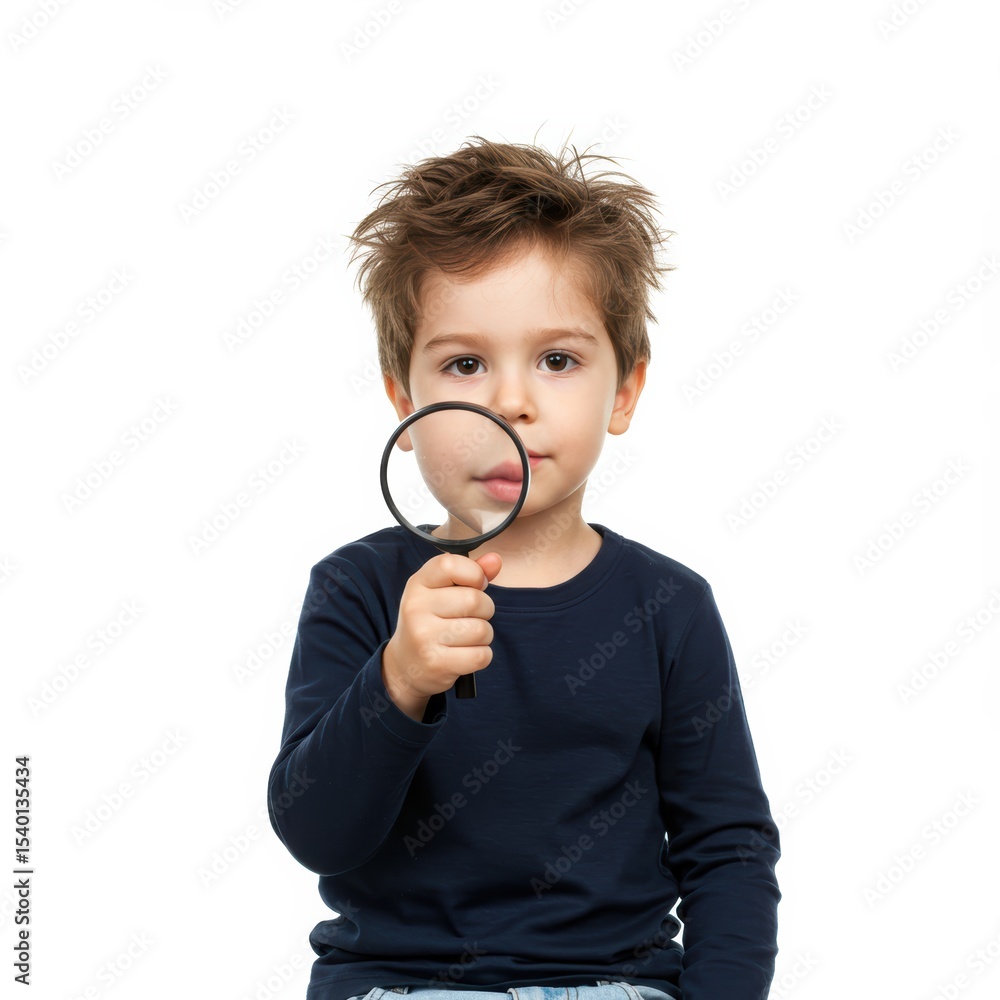 A curious young boy uses a magnifying glass to closely examine something with focused interest. A curious young boy uses a magnifying glass to closely examine something with focused interest.
