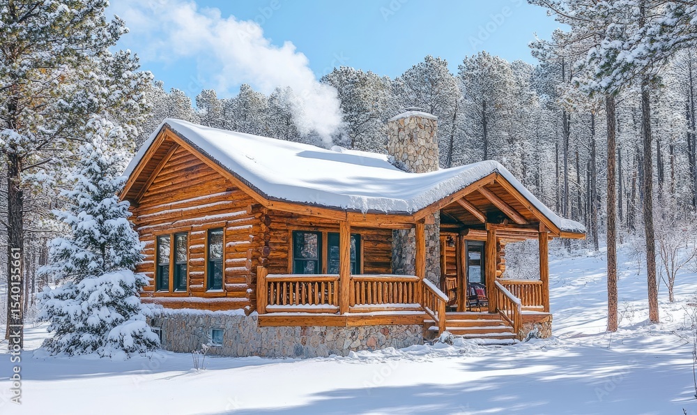 cozy log cabin surrounded by snow-covered pine trees, with smoke curling from the chimney into a pale blue sky, Generative AI cozy log cabin surrounded by snow-covered pine trees, with smoke curling from the chimney into a pale blue sky, Generative AI
