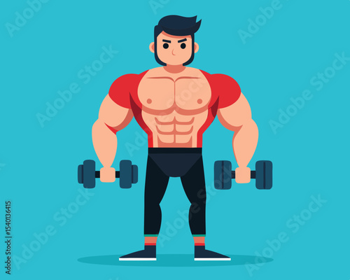 Muscular man with dumbbells flat vector illustration