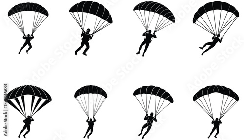 Silhouette illustration of parachutists with open parachutes showing different stages of descent and action