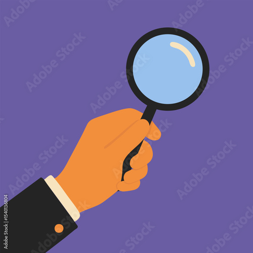 Cartoon hand holding magnifying glass on purple background. Flat style vector illustration related to themes of discovery, investigation, analysis or search