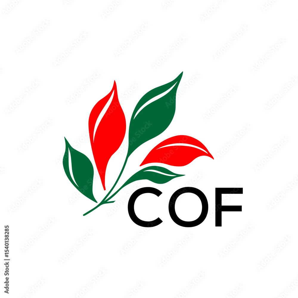 Naklejka premium COF Minimalist Nature Logo with Red and Green, Leaf Design COF Later Logo on White Background 