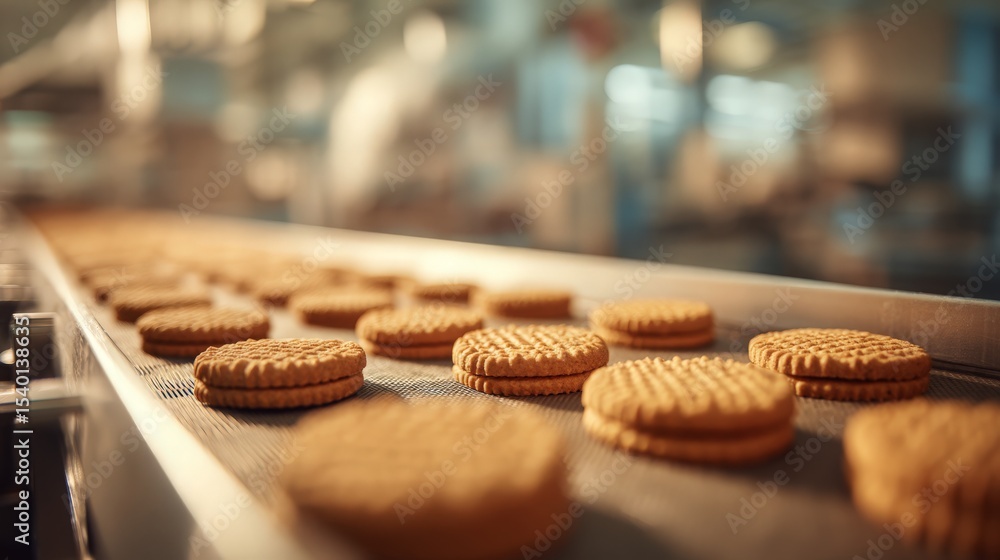 round sandwich cookies on bakery factory conveyor, snack food manufacturing and confectionery production
round sandwich cookies on bakery factory conveyor, snack food manufacturing and confectionery production