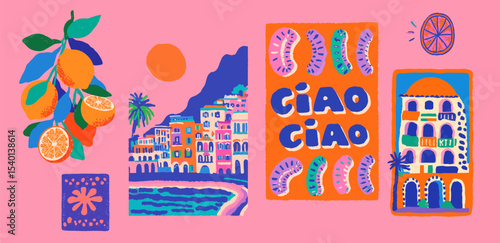Summer vector set of european mediterranean summer scenes. Hand drawn style holiday backgrounds