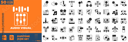 Audio Visual Duotone Editable Icons set. Vector illustration in modern thin duotone style of audio visual icons: broadcast, cable, equaliser, movie, etc