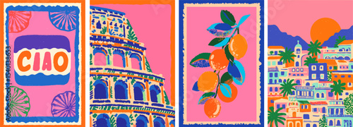 Summer vector set of european mediterranean summer scenes. Hand drawn style holiday backgrounds
