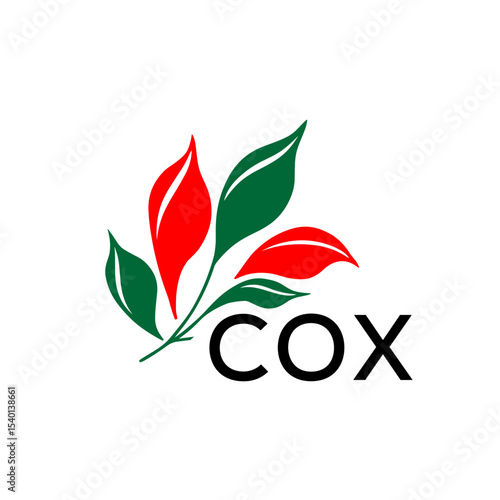 COX Minimalist Nature Logo with Red and Green, Leaf Design COX Later Logo on White Background
