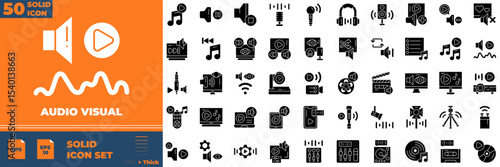 Audio Visual Solid Editable Icons set. Vector illustration in modern thin solid style of audio visual icons: broadcast, cable, equaliser, movie, etc