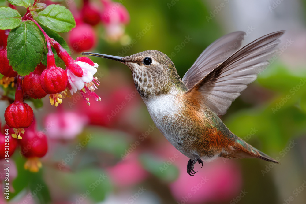 Fototapeta premium Colorful hummingbird hovering near vibrant fuchsia flowers in a garden setting