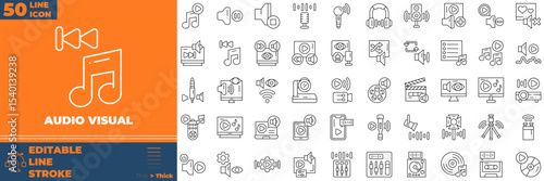 Audio Visual Line Editable Icons set. Vector illustration in modern thin line style of audio visual icons: broadcast, cable, equaliser, movie, etc