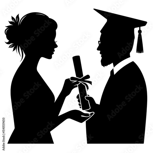 Female Presenter Giving Diploma to Male Graduate Silhouette Representing Educational Milestone