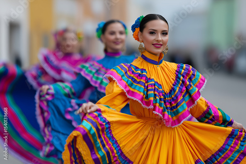 Hispanic woman is smiling while wearing a colorful dress during a hispanic heritage month parade