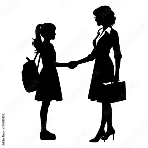 Female Teacher Shaking Hands with Girl Student Silhouette Representing Connection and Respect