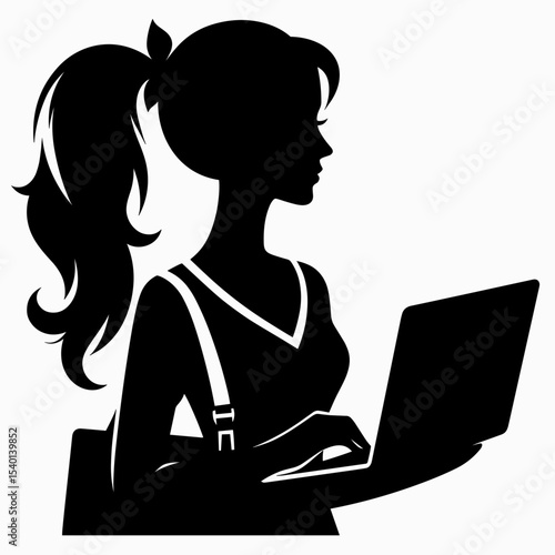 Female Student with Laptop Silhouette Representing Online Learning and Education
