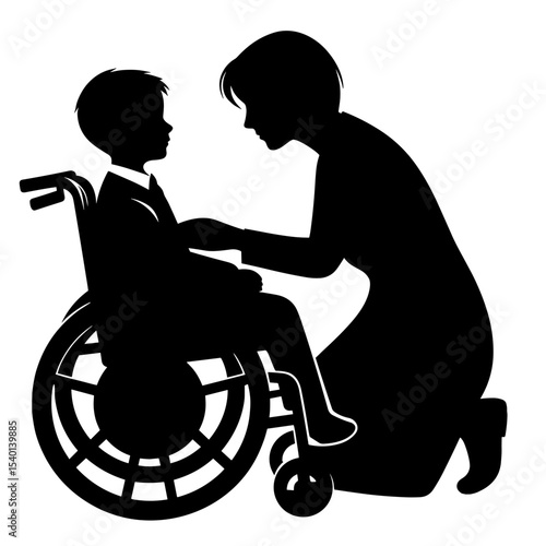 Female Teacher Helping Boy in Wheelchair Silhouette Representing Inclusion and Support in Education