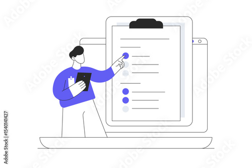 Feedback and survey. Man character give positive feedback, show quality rating and filing survey form. Customer satisfaction concept. Flat Cartoon Vector Illustration, icon. Stylish abstract design 